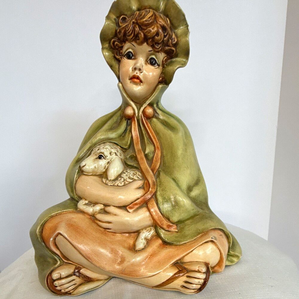 Vintage Ceramic Shepherd Girl with Lamb Figurine – 11" Mid-Century Decor